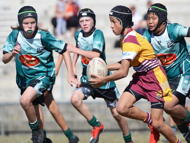 ***2019 photo***JUNIOR SPORT: Rugby league, under 13 boys div 1, Maroochydore V Coolum. Coolum's Zander McRae on the burst.