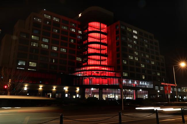 Hotel Grand Chancellor lit up with red lighting for Dark Mofo’s Paint the Town Red. Picture: NIKKI DAVIS-JONES