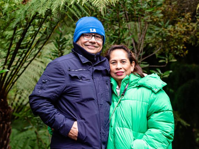 Queensland tourists Rafael and Erlie Santiago at the Royal Botanical Gardens, Hobart.Picture: Linda Higginson