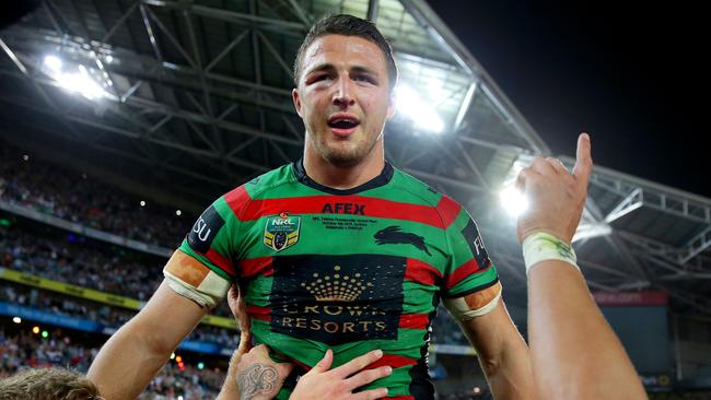 Sam Burgess famously played the 2014 grand final with a fractured eye socket and broken cheekbone. Picture: Gregg Porteous