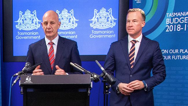 Treasurer Peter Gutwein and Premier Will Hodgman. Picture: Adam Reilbel