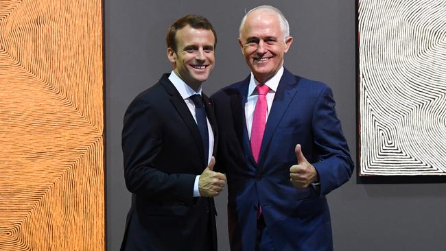 French President Emmanuel Macron and then Prime Minister Malcolm Turnbull in 2018.