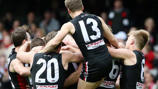 St Kilda's Brandon White celebrates his first afl goal. Picture: George Salpigtidis