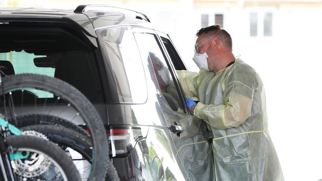 Barwon Heath Nort’sh Geelong Covid-19 testing site was backed up with cars on Wednesday morning and still seeing a steady stream of visitors throughout the afternoon. Picture: Alan Barber