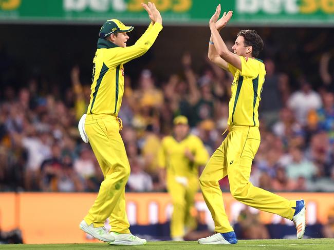 Australian captain Steve Smith (left) reacts with Jhye Richardson during the second One Day International cricket match between Australia and England at the Gabba.