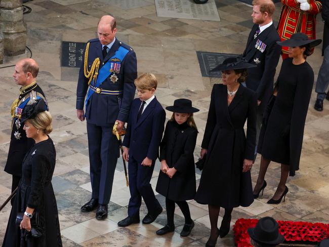 The Sussexes walk behind the Wales’ after the funeral of Queen Elizabeth. Picture: Getty Images