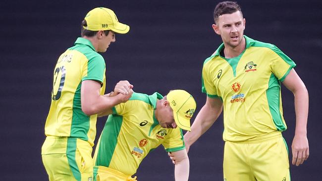 David Warner is helped by teammates. Picture: AFP Photo