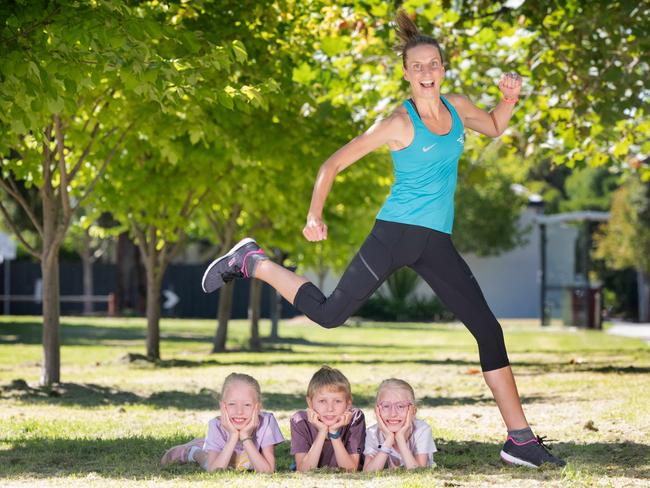 Susan Mann and her children Matisse, 8, Archie, 10, and Eve, 8. Picture: Tony Gough