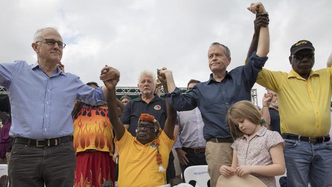 Clan leader Galarrwuy Yunupingu with Malcolm Turnbull and Bill Shorten. Picture: Peter Eve