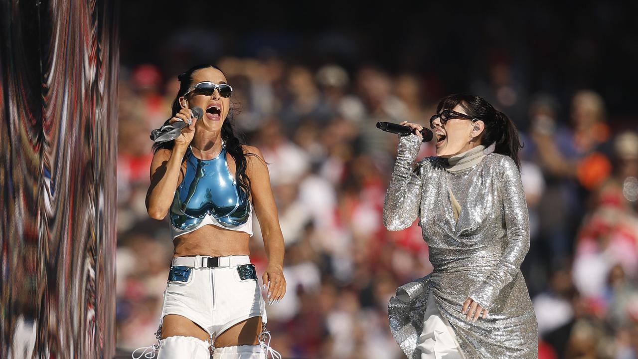 Katy Perry and Tina Arena perform at the 2024 AFL Grand Final. Picture: Phil Hillyard