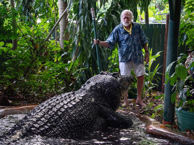 ******WEEKEND PAPERS ONLY FEES APPLY ONE USE ONLY***** Ex Cairns to the S Mail (Only)  - 21.03.2023 - ..93 year old former crco hunter ... turned croc lover ... George Craig ... owns the World's largest c rocodile in captivity ... Cassius ... at his Marineland Melanesia tousist attraction on Green Island out from Cairns on the Great barrier Reef. As well as crocs and aquariams full of marine life, George also exhibits one of the largest collections of PNG art to  be found anywhere.. (there is more ... please see notes forwarded to Jamie.) PICS BRIAN CASSEY -  .. PIc by Brian  Cassey