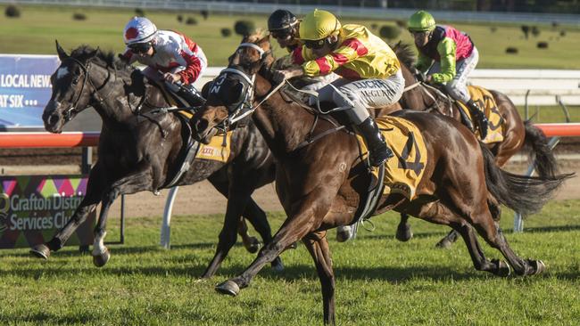 Winner of the Grafton Guineas Charmed Princess is brought to the front by jockey Matt McGuren.