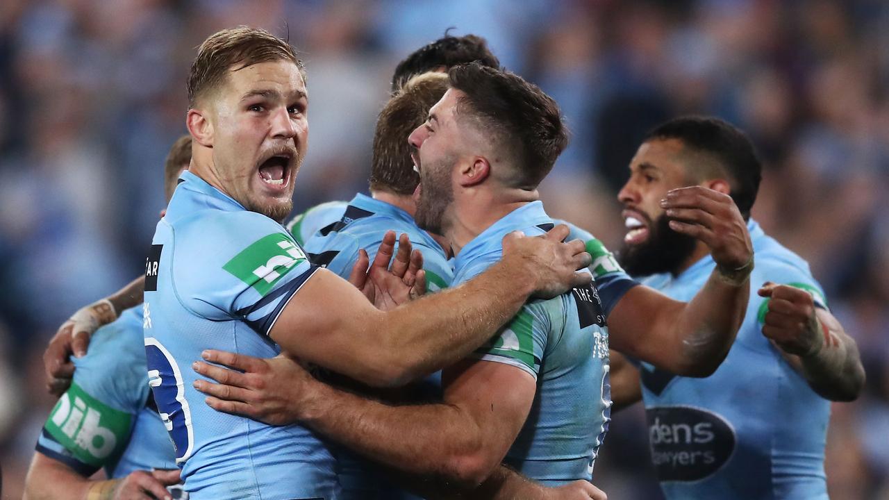 Jack De Belin and James Tedesco of the Blues celebrate during game two of the State of Origin series Picture: Getty Images