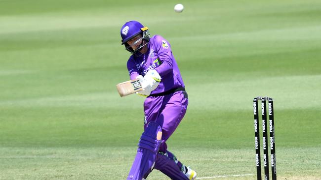 BRISBANE, AUSTRALIA — OCTOBER 26: Fran Wilson of the Hurricanes hits the ball to the boundary for a four during the Women's Big Bash League match between the Adelaide Strikers and the Hobart Hurricanes at Allan Border Field on October 26, 2019 in Brisbane, Australia. (Photo by Bradley Kanaris/Getty Images)