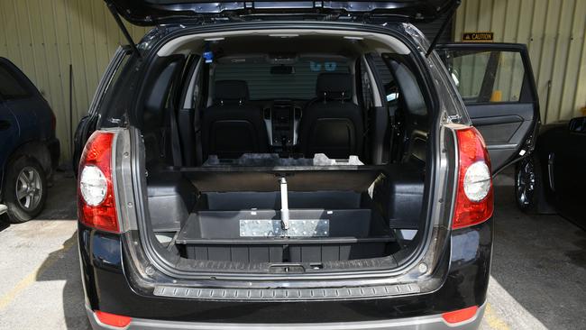 The hidden compartment discovered by police in the back of a Holden Captiva. Picture: Australian Federal Police