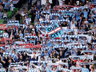 MELBOURNE, AUSTRALIA - MARCH 02: City fans chant before the round 22 A-League match between Melbourne City FC and Melbourne Victory at AAMI Park on March 2, 2018 in Melbourne, Australia. (Photo by Daniel Pockett/Getty Images)