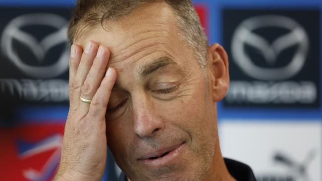 MELBOURNE, AUSTRALIA - MARCH 28: Alastair Clarkson, Senior Coach of the Kangaroos speaks to the media before a North Melbourne Kangaroos AFL training session at Arden Street Ground on March 28, 2024 in Melbourne, Australia. (Photo by Darrian Traynor/Getty Images)