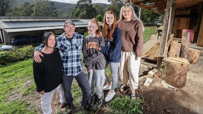 Brooke and Phil Anderson made the move from suburban Pakenham to Noojee, with their kids, Tasha, 18, Ella, 12 and Chloe, 17. Picture: Alex Coppel