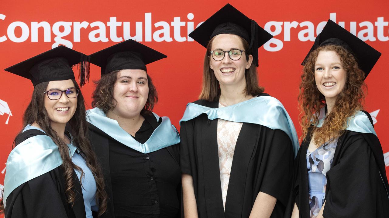 UTAS Graduations, Emily Shrimplin, Emma Critchley, Rachel Scott and Rebekah Morrison at Hobart. Picture Chris Kidd