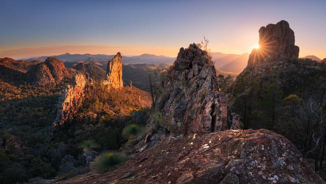 Sunrise at the Breadknife rock formation in Warrumbungle National Park.