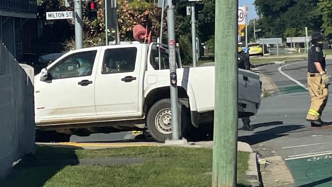 A police car and another vehicle were extensively damaged in a smash-up in the Mackay CBD on April 11. Picture: Mitchell Dyer