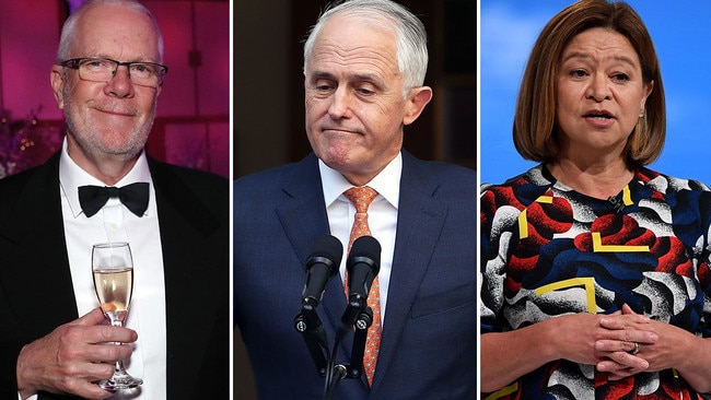 Justin Milne, Malcolm Turnbull and Michelle Guthrie. Picture: Gary Ramage/Kym Smith/AAP