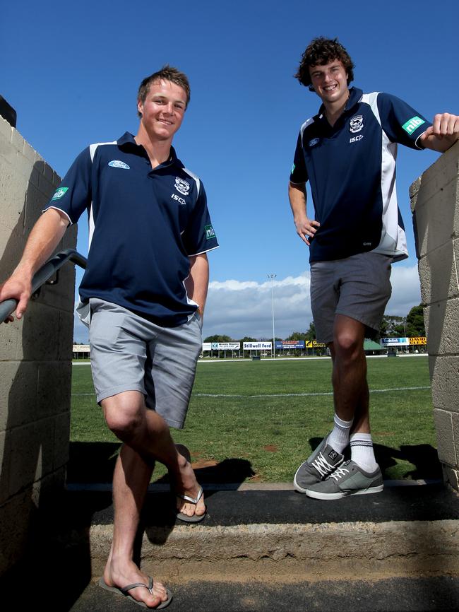 Lincoln McCarthy and Jordan Murdoch, right, at Glenelg Oval in 2011 after the Tigers junior teammates were drafted by Geelong.