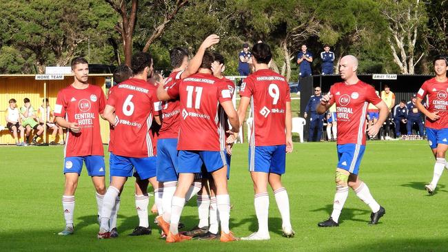 Albion Park White Eagles celebrating a goal against Coniston in 2023. Picture: Official Albion Park White Eagles Facebook