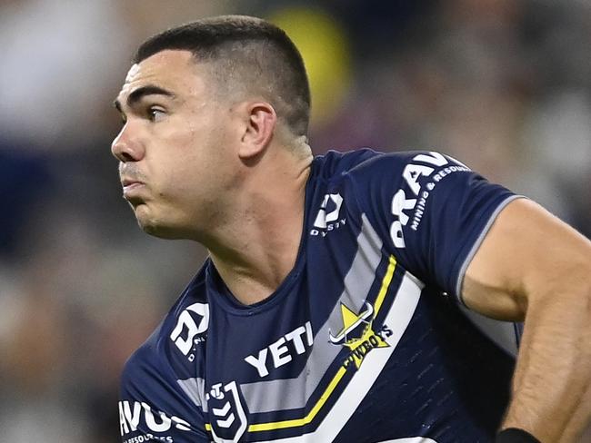 TOWNSVILLE, AUSTRALIA - MAY 04: Jake Clifford of the Cowboys passes the ball during the round nine NRL match between North Queensland Cowboys and Dolphins at Qld Country Bank Stadium, on May 04, 2024, in Townsville, Australia. (Photo by Ian Hitchcock/Getty Images)