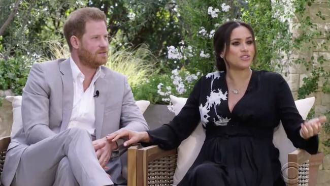 Harry and Meghan during their interview with Oprah Winfrey. Picture: CBS