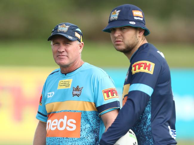 GOLD COAST, AUSTRALIA - MARCH 28: Coach Garth Brennan and Ashley Taylor talk during a Gold Coast Titans NRL training session on March 28, 2019 in Gold Coast, Australia. (Photo by Chris Hyde/Getty Images)