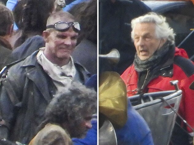 Former NRL player Ian Roberts (left) and director George Miller on set. Pictures: Media Mode