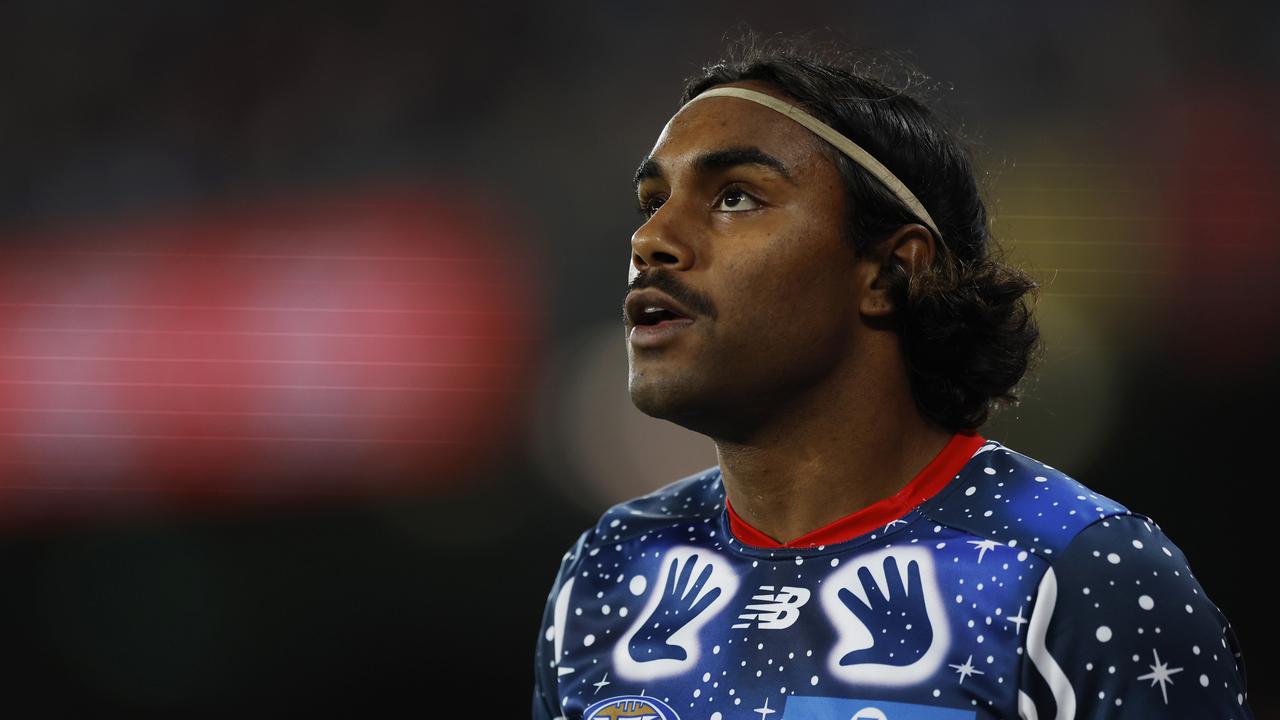 Pickett is driven by of the Demons looks on during the round 10 AFL match between the North Melbourne Kangaroos and the Melbourne Demons at Marvel Stadium on May 21, 2022 in Melbourne, Australia. (Photo by Mike Owen/AFL Photos/via Getty Images)