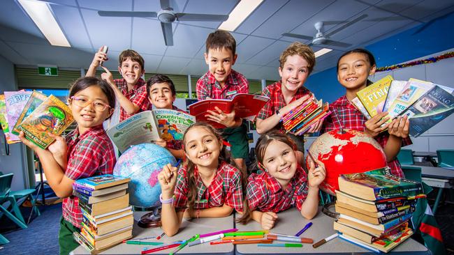 McDowall State School students (front row:) Annabella Yang Yr 5, Amelia Mace Yr 3, Miriam Macks Yr 3 and Lelia Luc Yr 5. (Back Row:) Edison Flett Yr 3, Aria Kashanchi Yr 5, Oscar Ziganshin Yr 5 and Alec Ashford Yr 3 celebrating their NAPLAN results. Picture: Nigel Hallett