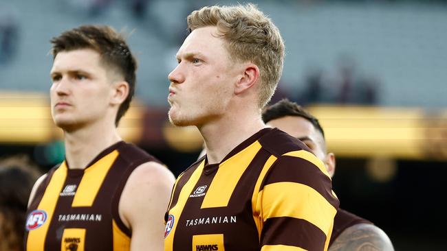 James Sicily of the Hawks looks dejected.