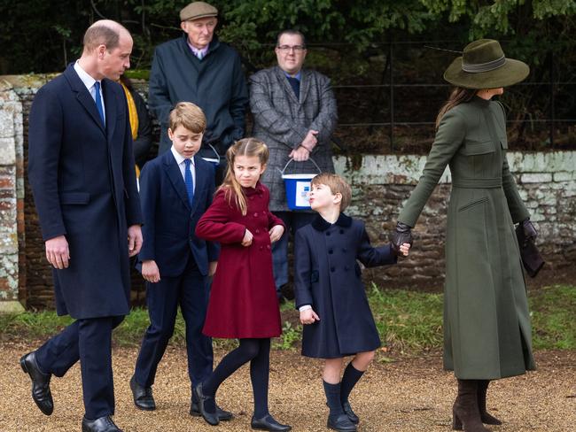 Prince William, Prince of Wales, Prince George, Princess Charlotte, Prince Louis and Catherine, Princess of Wales attend the Christmas Day service at Sandringham Church. Picture: Samir Hussein/WireImage