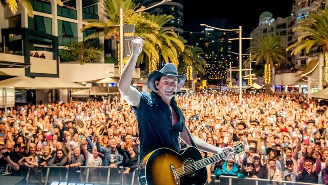 Country music performer Lee Kernaghan poses with the Broadbeach crowd at the end of Groundwater Country Music Festival 2019. Picture: Luke Marsden