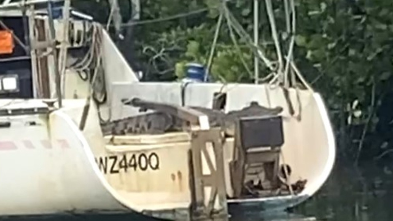 A croc has been spotted relaxing on the deck of a yacht moored at Trinity Inlet. Picture: Casey Eames