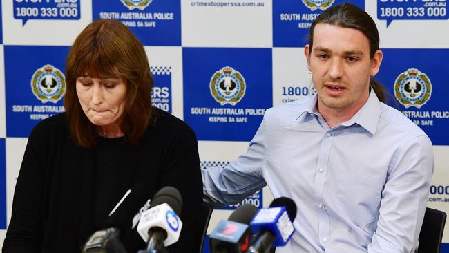 Mr Purse’s mother, Donna Ipers, and brother Andrew speaking in 2019 following his disappearance. Picture: Mark Brake