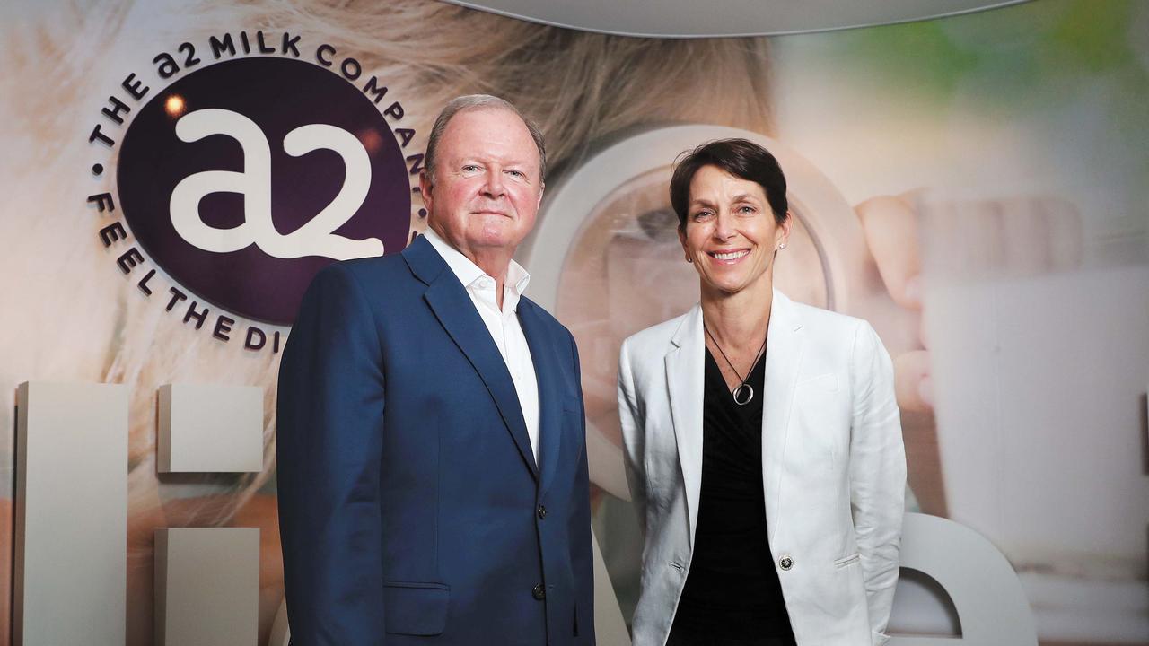 Former a2 Milk Company CEOs Geoff Babidge and Jane Hrdlicka. Picture: John Feder/The Australian