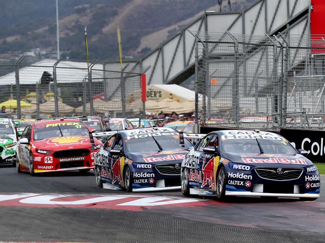 Jamie Whincup leads the Adelaide 500 field through Senna Chicane after the start of race two in last year’s event. Picture: Calum Robertson