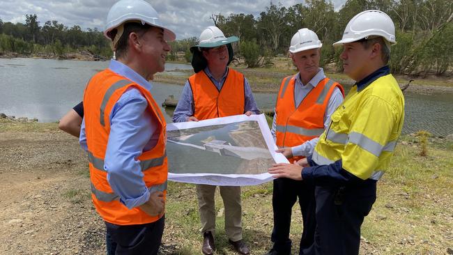 Queensland Treasurer Cameron Dick, Minister for Water Glenn Butcher and Rockhampton MP Barry O'Rourke visiting the site where Rookwood Weir will be built.