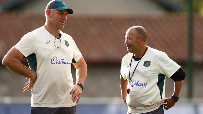 Assistant coach Jason Ryles and head coach Eddie Jones are under the gun after the Wallabies’ poor performances. Picture: Chris Hyde/Getty Images