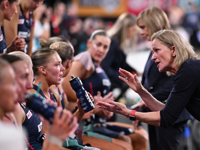 MELBOURNE, AUSTRALIA - MAY 18: Simone McKinnis, head coach of the Vixens speaks to the team during the round six Super Netball match between Melbourne Vixens and Sunshine Coast Lightning at John Cain Arena, on May 18, 2024, in Melbourne, Australia. (Photo by Daniel Pockett/Getty Images)