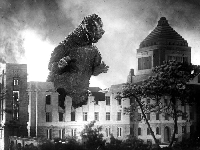 Godzilla rampages through Tokyo in a scene from the 1954 movie. Picture: Ap