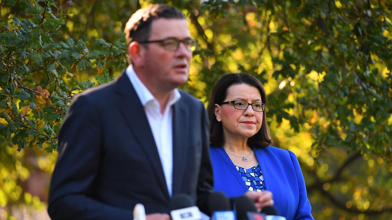 Victoria’s former Minister for Health Jenny Mikakos and Premier Daniel Andrews made the announcement on April 1, 2020. Picture: James Ross/AAP