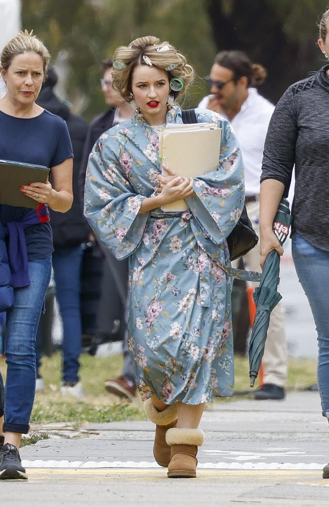 Kaitlyn Dever wearing Ugg Boots and with rollers in her hair. Picture: Media Mode