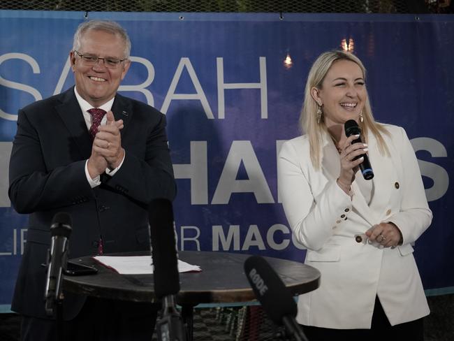 Prime Minister Scott Morrison with Liberal candidate for Macquarie Sarah Richards. Picture: Adam Taylor