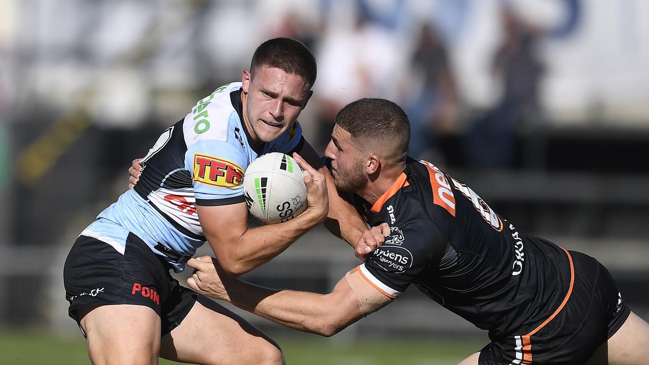 Luke Metcalf scored his first try in the NRL and played a crucial role in the Sharks’ demolition of Wests. Picture: Getty Images.