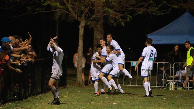 Surfers Player celebrate one of Tomoki Asakawa’s goals. Pic Mike Batterham